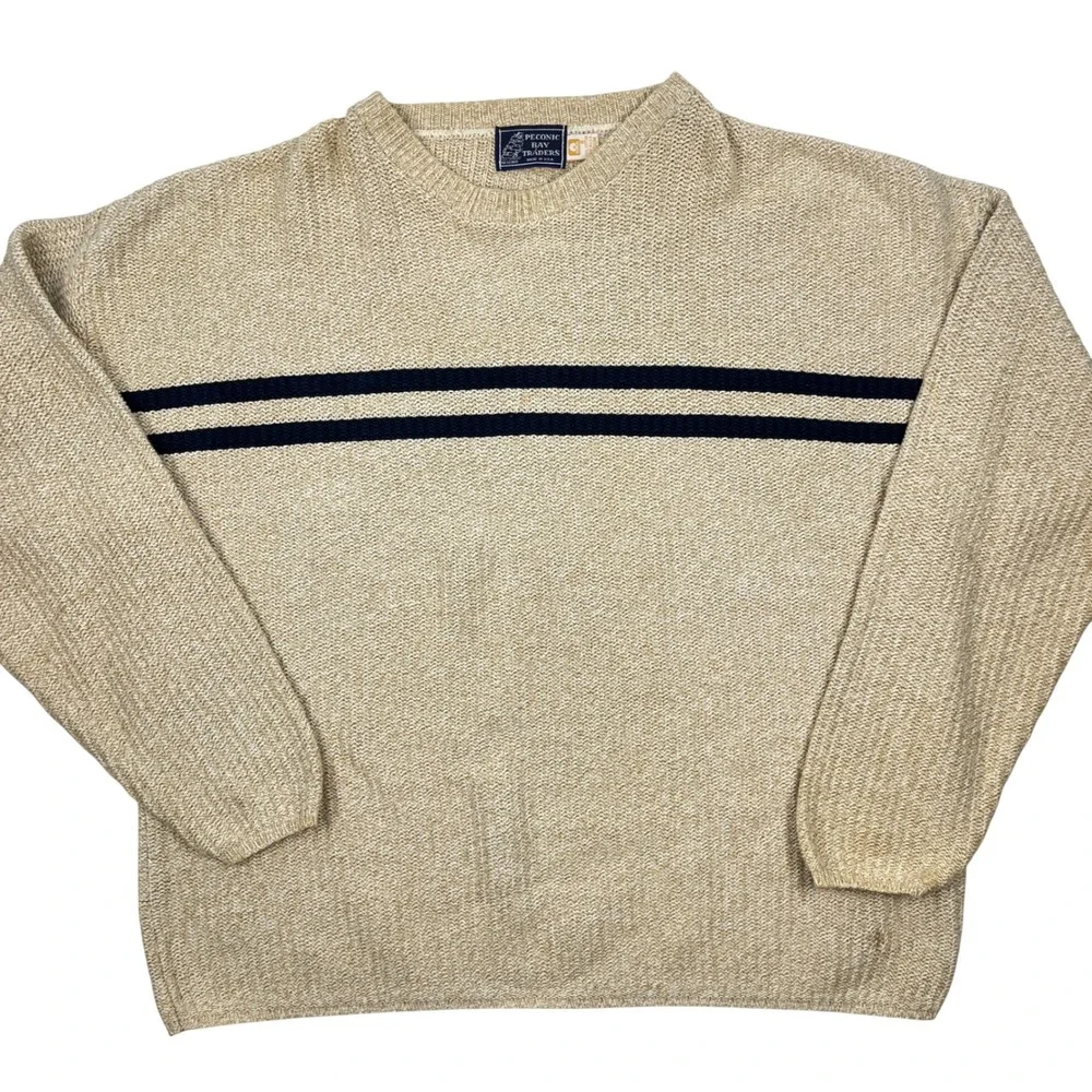 Peconic Bay Traders Mens Medium Beige Knit Blue Striped Crewneck Sweater USA Vtg